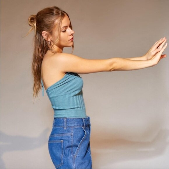 Urban Outfitters | Mila Sweater Halter Top Dusty Blue New Medium Versatile Layer - Picture 5 of 9